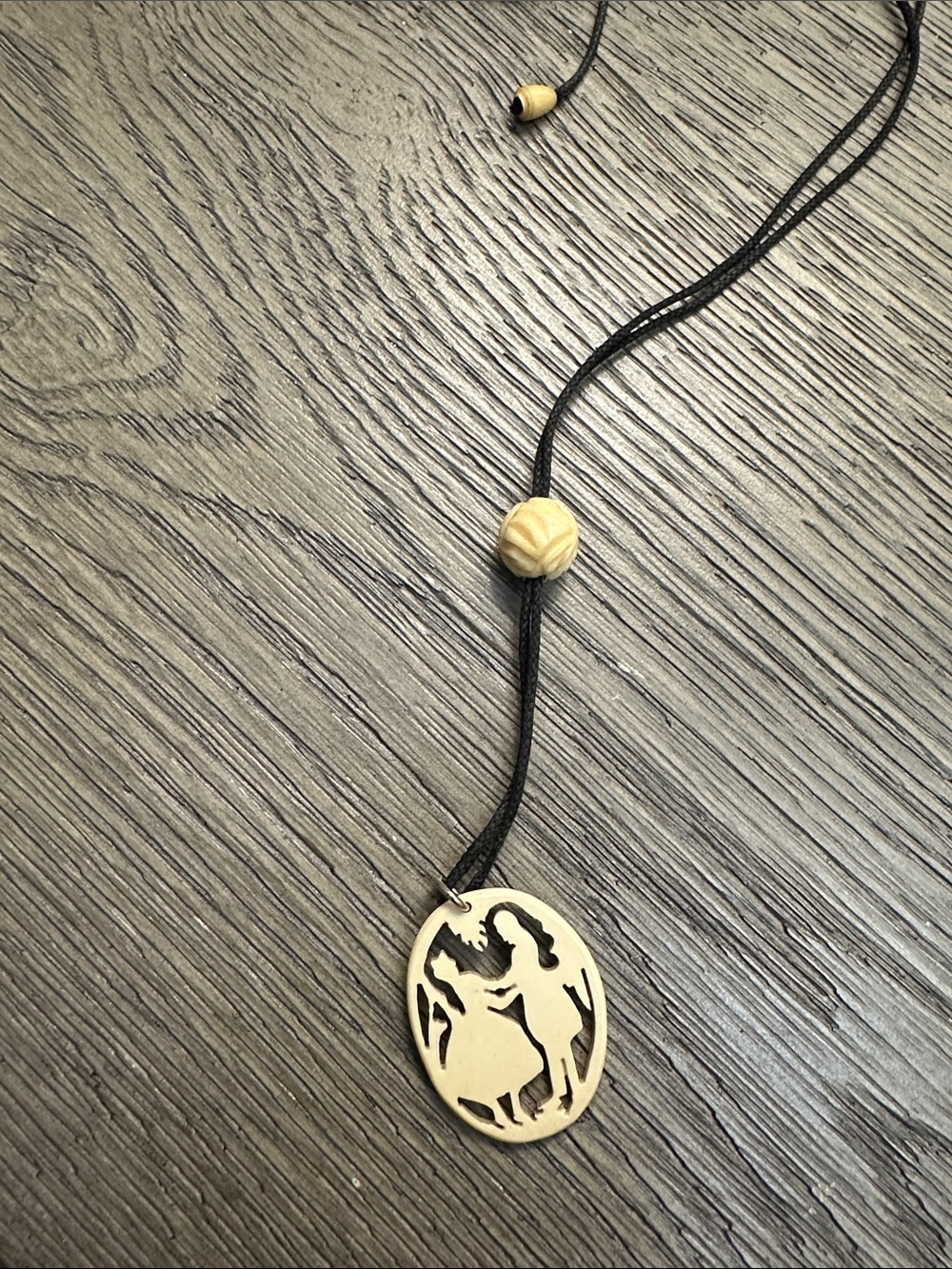 Wooden Dance Silhouette Pendant Necklace in Natural with Black Cord